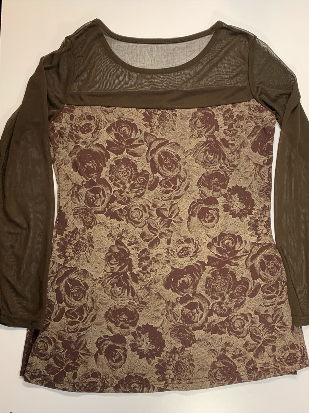 Brown Floral Mesh Top Small Rose Side Slits Stretch Bodycon Y2K Style Whimsigoth